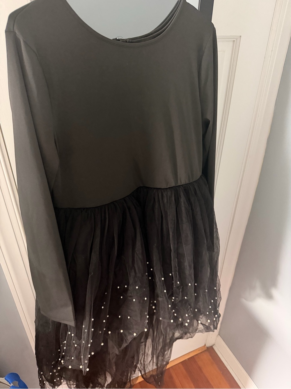 Black High-Low Tulle Dress with Pearl Detail